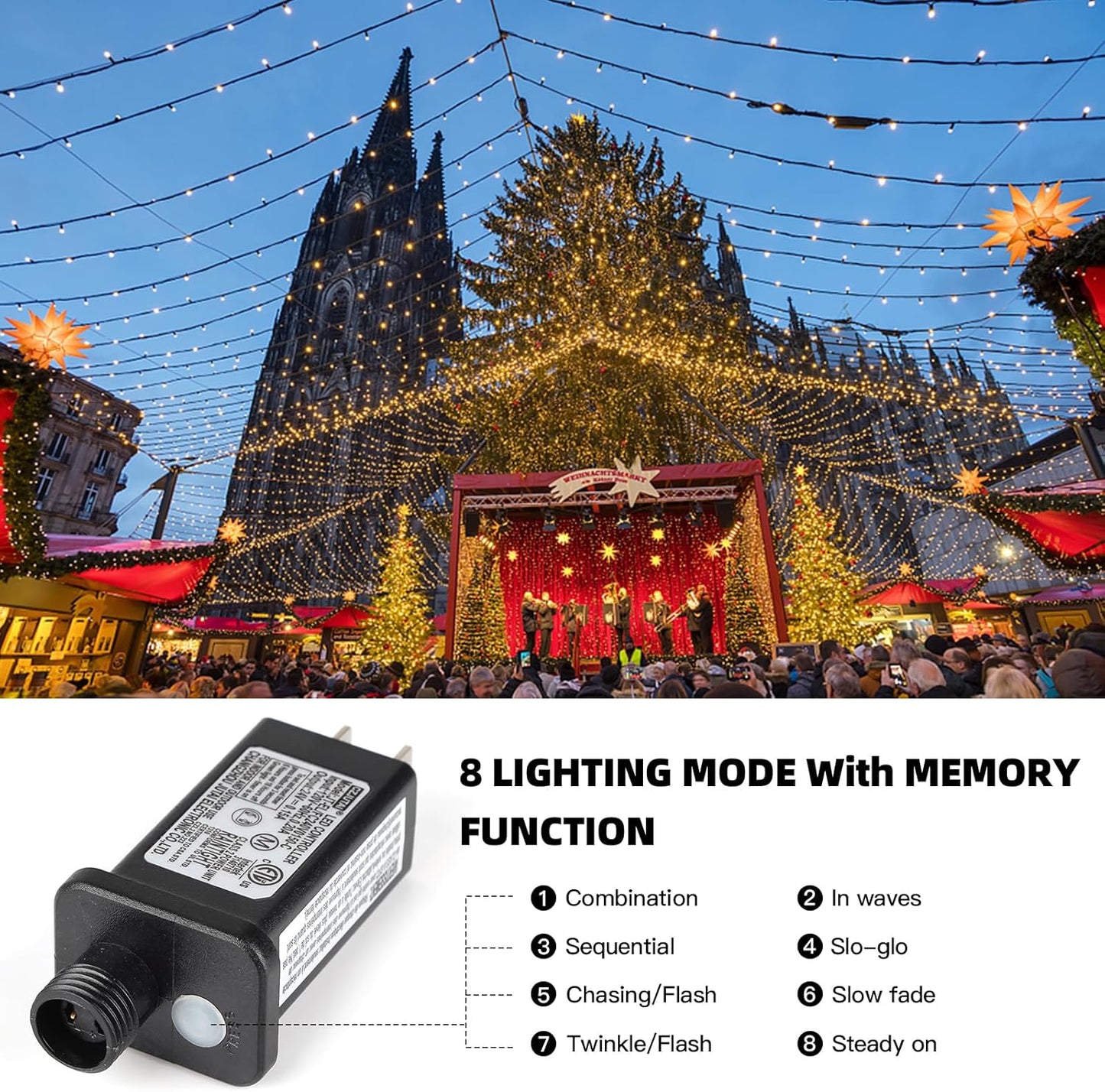 XTF2015 170FT 500 LED Christmas String Lights, Christmas Lights End to End Plug 8 Modes Memory Function with Timer, UL Certified Outdoor Indoor Fairy Light Christmas Tree, Patio, Party (Warm White)