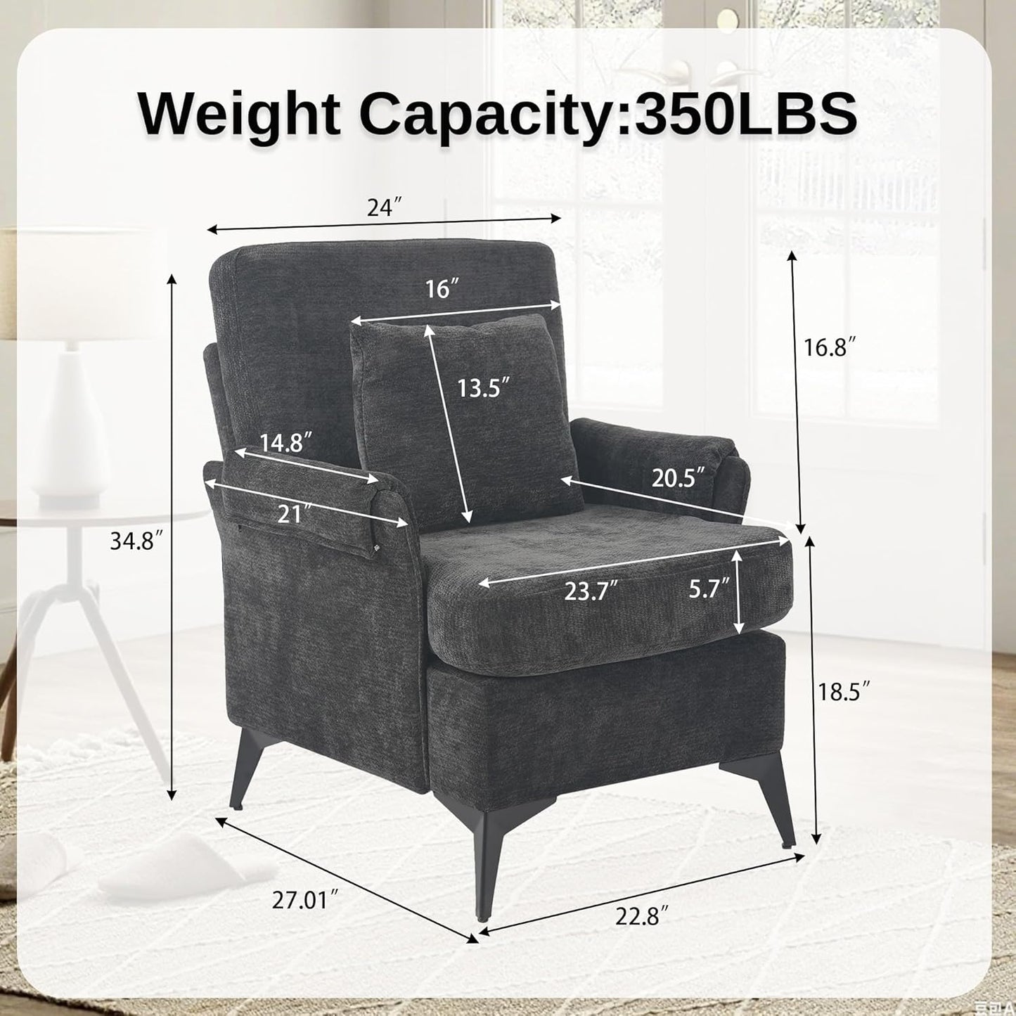 KCC Mid-Century Accent Chairs,Chenille Modern Upholstered Single Sofa,Cozy Armchair with Back for Bedroom/Office/Cafe,Black