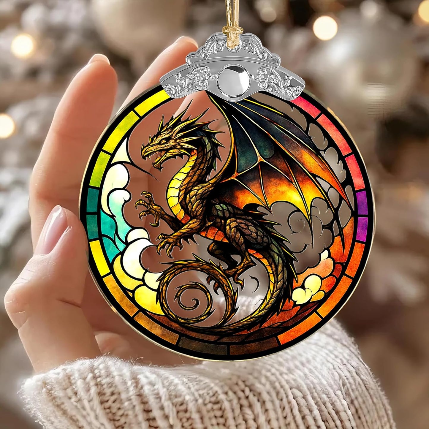 Dragon Stained Art Window Hanging – Fantasy Dragon Ornament for Christmas Tree or Home Decor – ACOTAR Fourth Wing DnD Gift – Dungeons and Dragons Decor for Fans