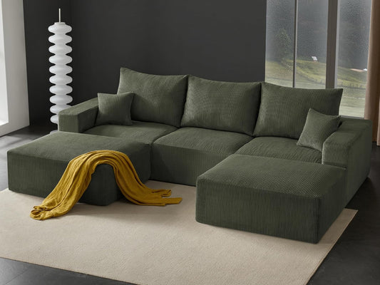 Boneless Sectional Cloud Couch Sofa for Living Room, 112" U-Shaped Modular Modern Lounge Sleeper Green Couches with Chaise, No Assemble, Cordury Compression Upholstered Sofas