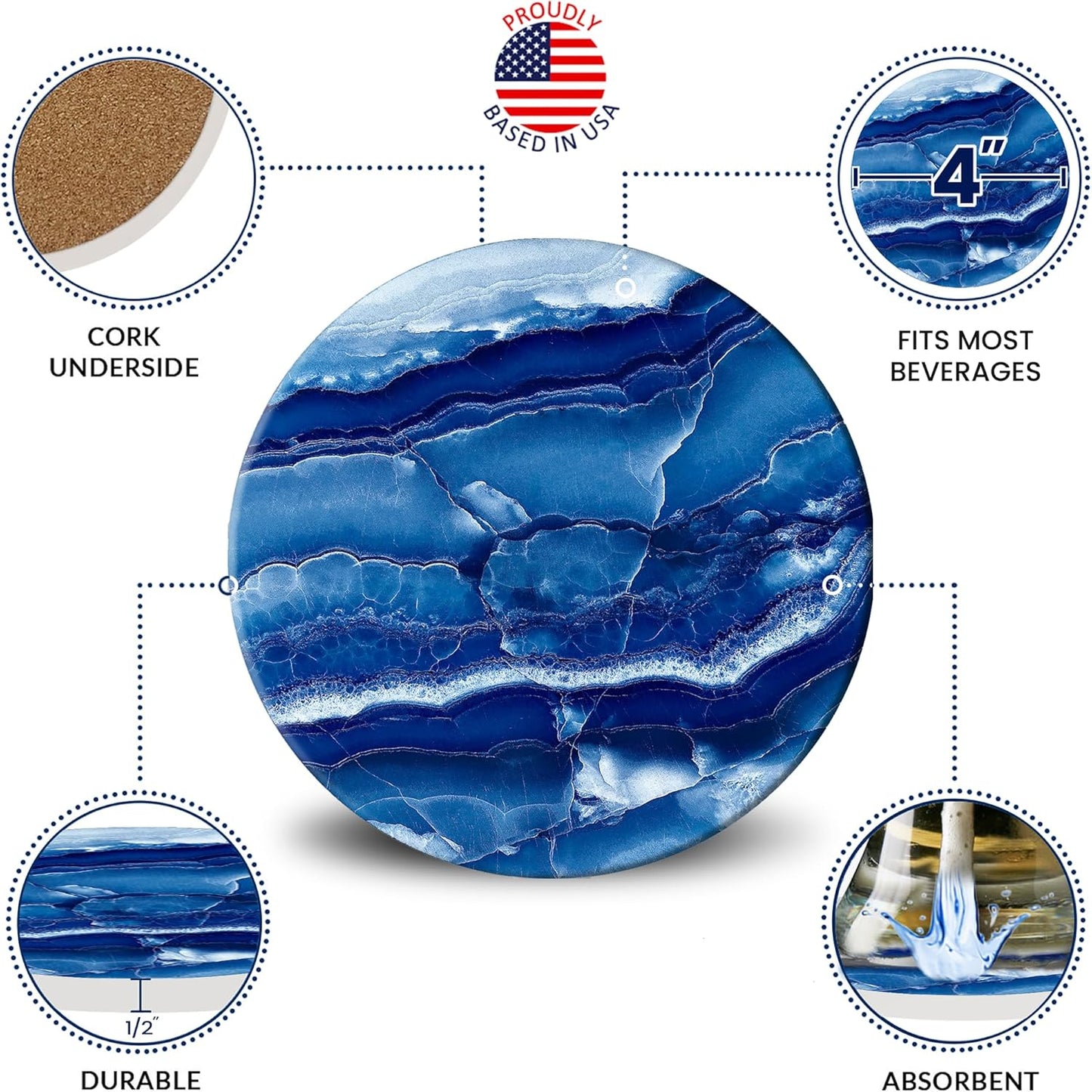 Emerson Coasters for Drinks Absorbent – Dining Table Set of 6 with Holder, 100% Ceramic Wooden Tabletop Protection Marble Style - Non Slip & Cork Bottom - Heavy Duty (Blue Onyx)