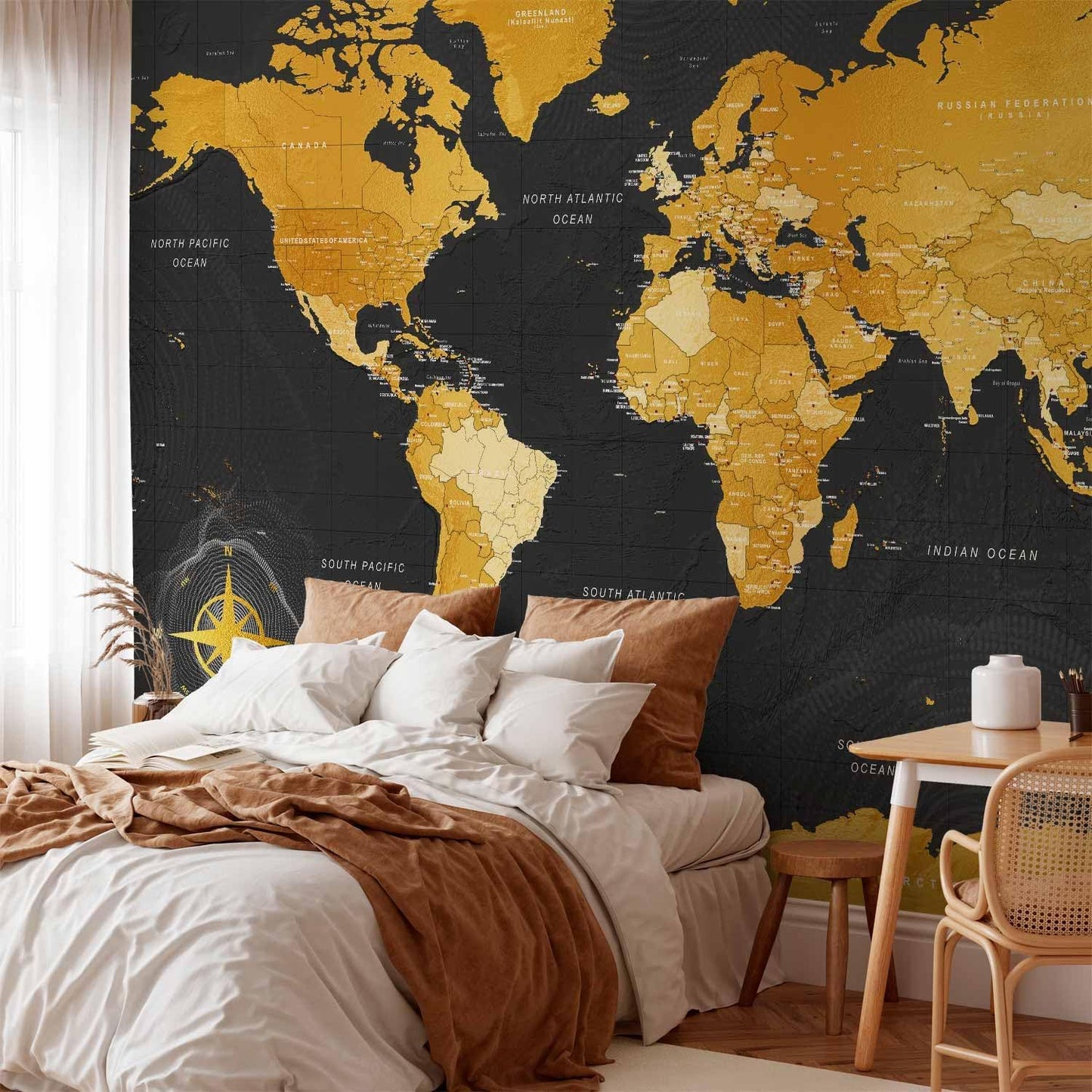 artgeist Premium Wall Mural World Map 118x83 in - XXL Non-Woven Wallpaper Fleece Wall Decor Photo Print Picture Image Design Home Map of The World k-A-0130-a-a