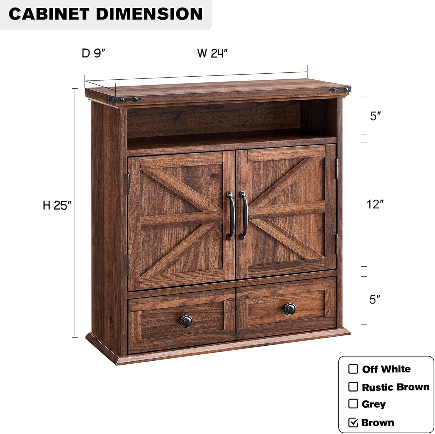 Bathroom Wall Cabinet, Farmhouse Medicine Cabinet, 24" Wide Cabinet with Drawer, Adjustable Shelf, Double Barn Doors, Storage Cabinet for Bathroom, Kitchen, Living Room, Brown