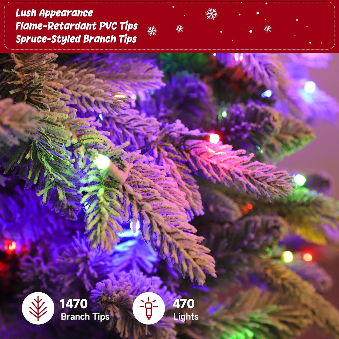 7.5ft Pre-lit Artificial Christmas Tree with Remote, Snow Flocked Xmas Trees Rotating & Foldable Stand, RGB & Warm White Light for Home Decor