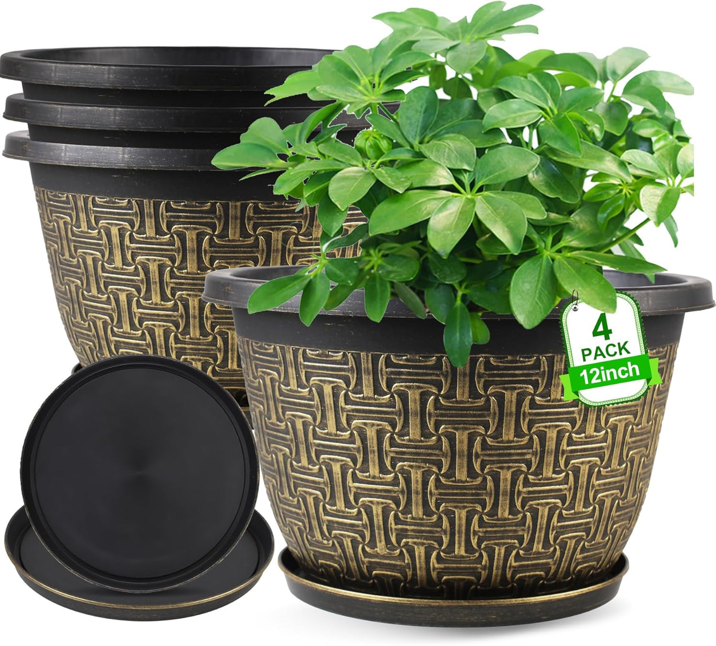 4 Pack 12 Inch Plant Pots,Large-Plant-Flower-Planters-Plastic, Flower Pots Outdoor Indoor with Drainage Holes & Trays, Retro Antique Imitation Decorative Garden Sets for Houseplants