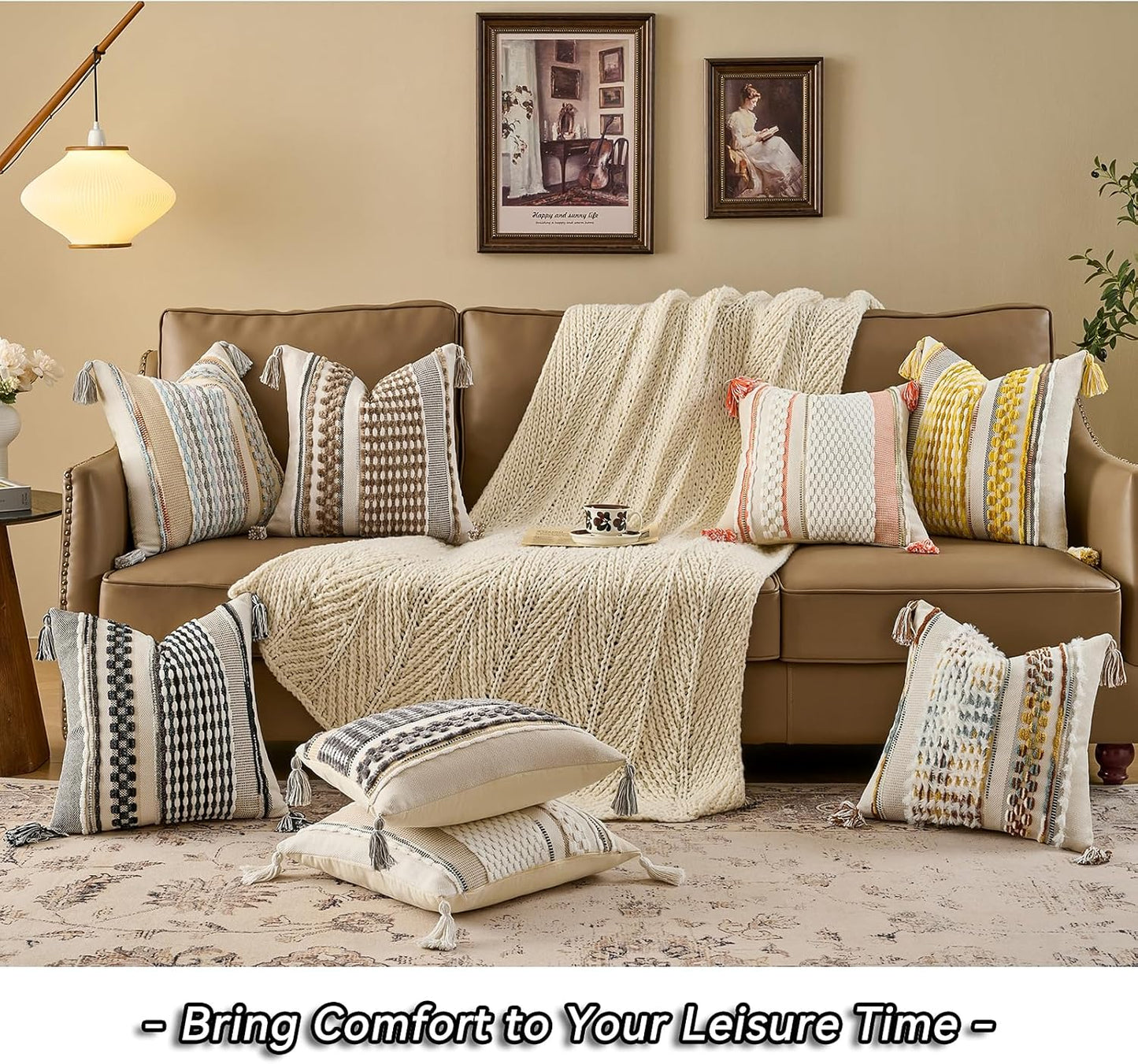 AmHoo Chenille Striped Textured Boho Throw Pillow Covers Aesthetic with Tassels Woven Decorative Pillow Case for Couch Bed Sofa Bedroom Modern Funky 18 x 18-Inch White Multicolor