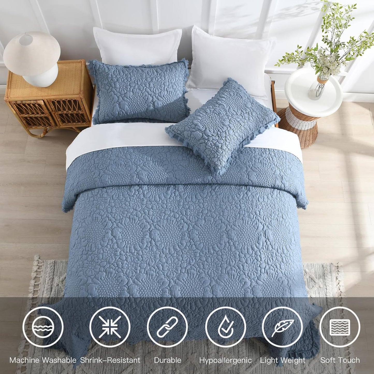 HORIMOTE HOME Blue Ruffled Quilt Queen Size, Stone-Washed Microfiber Lightweight Crinkled Farmhouse Rustic Shabby Chic Bedding Set, 3 Pieces Reversible Bedspread with Pillow Shams for All Season