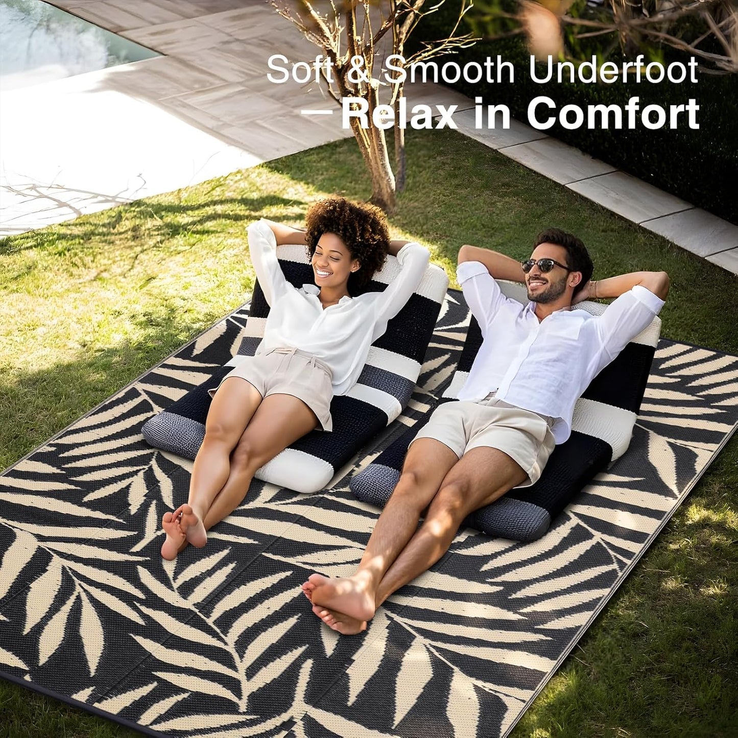 OLANLY Waterproof Outdoor Rug 8x10 ft, Reversible Outdoor Plastic Straw Rug with Leaf Pattern, RV Mat, Indoor Outdoor Carpet for Patio, Camping, Balcony, Deck, Backyard, Black & Beige