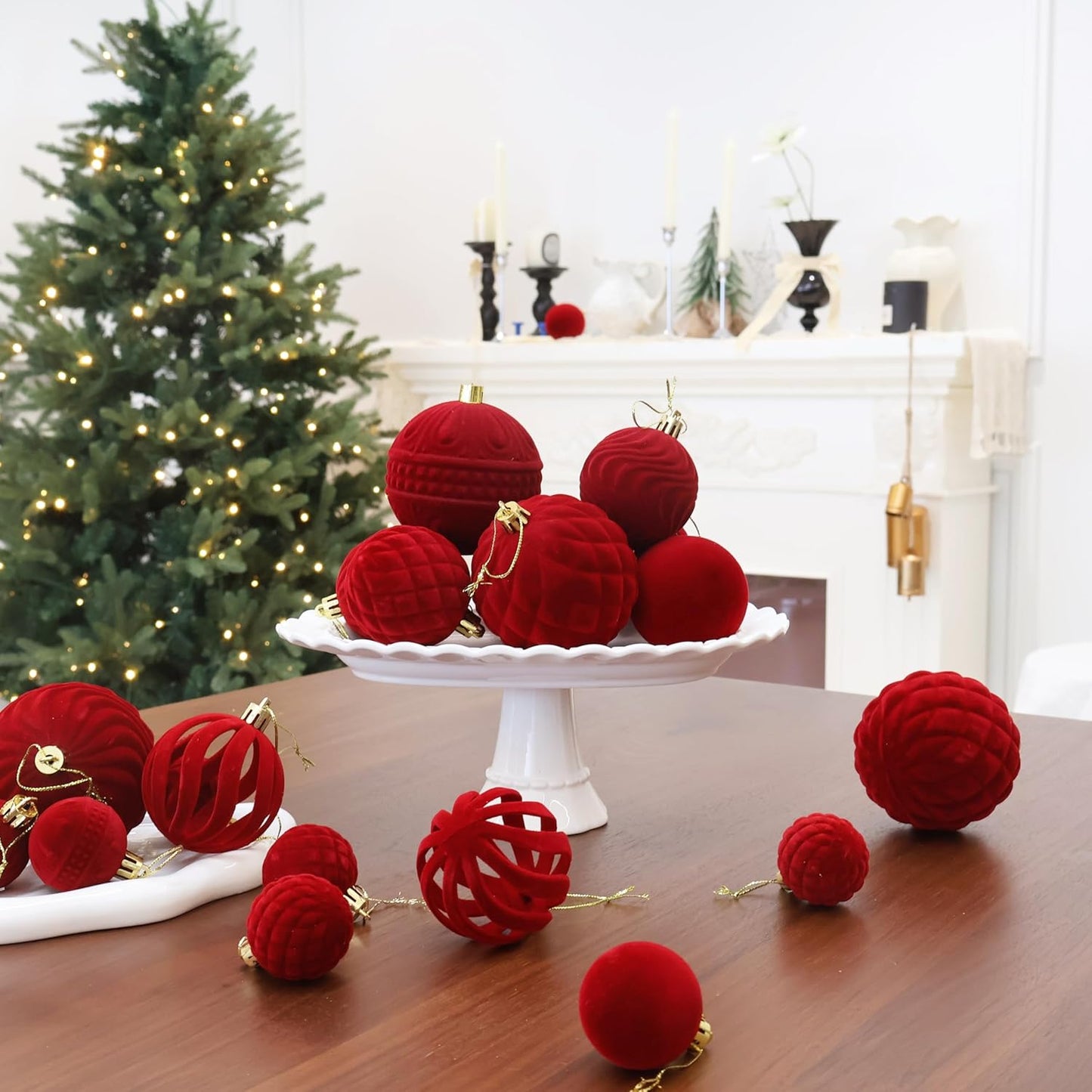 Senjie 36 PCS Velvet Ornaments Balls Sets for Christmas Tree Red Flocked Christmas Balls Assortment for Xmas Tree Holiday Decor