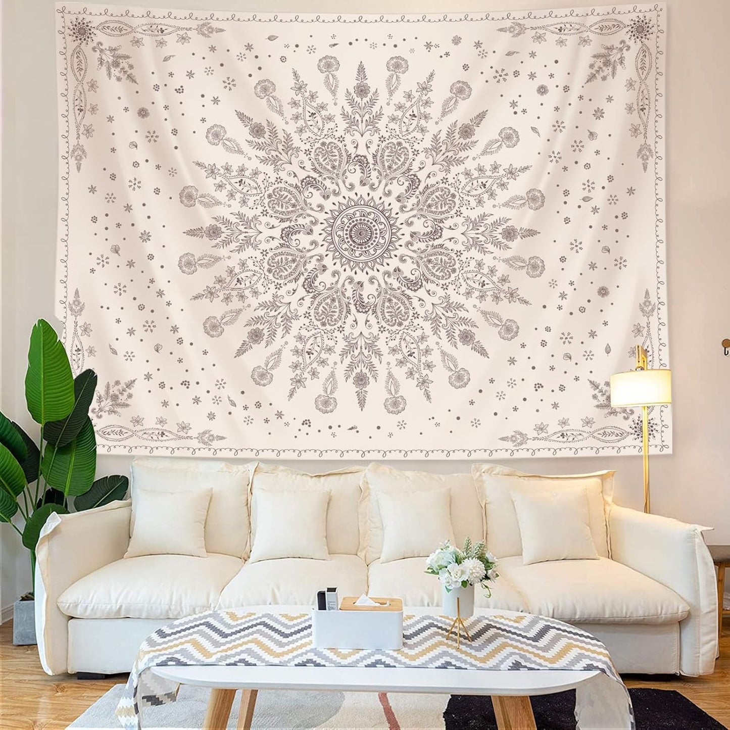 Lunerfex Boho Floral Tapestry Mandala Wall Tapestry, Cute Tapestries for Bedroom Beige Flower Tapestries Wall Hanging for Bedroom Living Room Decor Beige-1 60"x80"