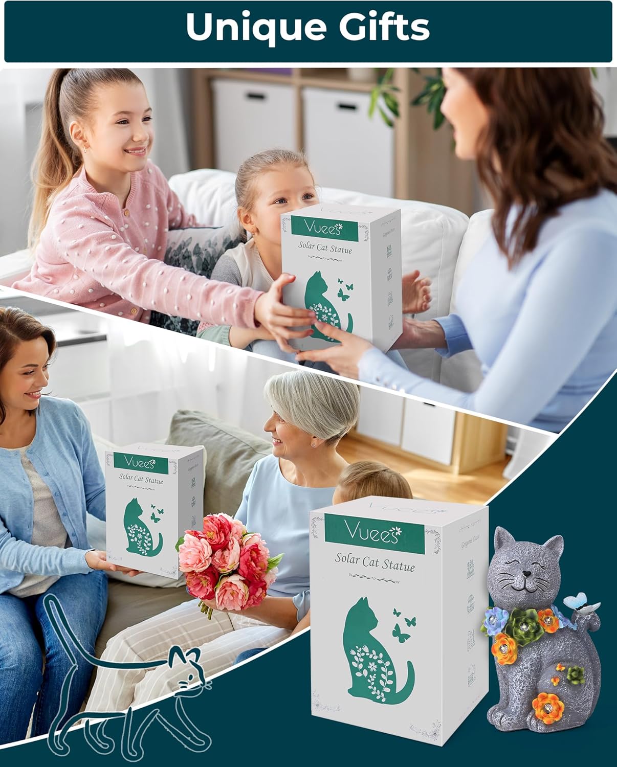 Solar Garden Statues Outdoor Decor, 6 LED Cat Flowers Butterfly Figurine Lights, Waterproof for Balcony Patio Porch Lawn Yard Ornament Art - Gift Ideas for Housewarming Gardening Grandma Women