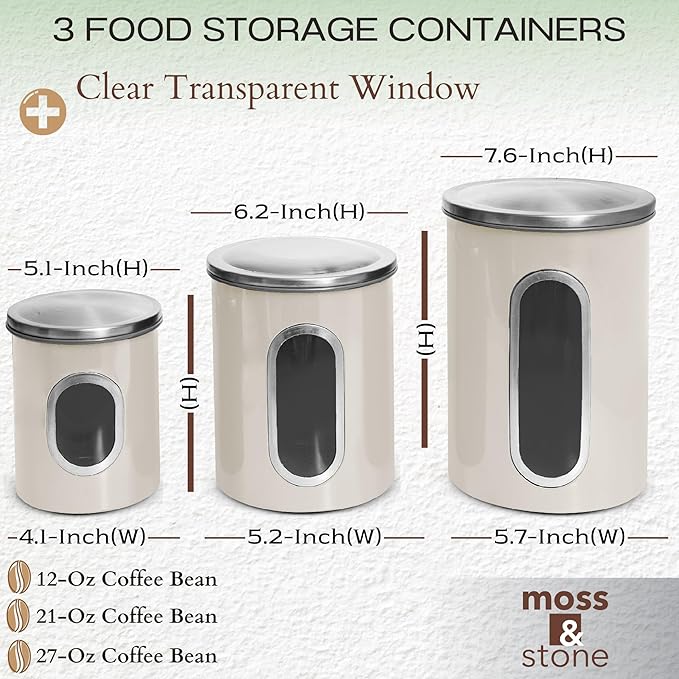 Moss & Stone 3-Piece Beige Canisters Sets For The Kitchen, Airtight Canister Set With See Through Window, Storage Jars for Coffee Container, Tea Organizer & Sugar Canister, Beige Kitchen Canisters