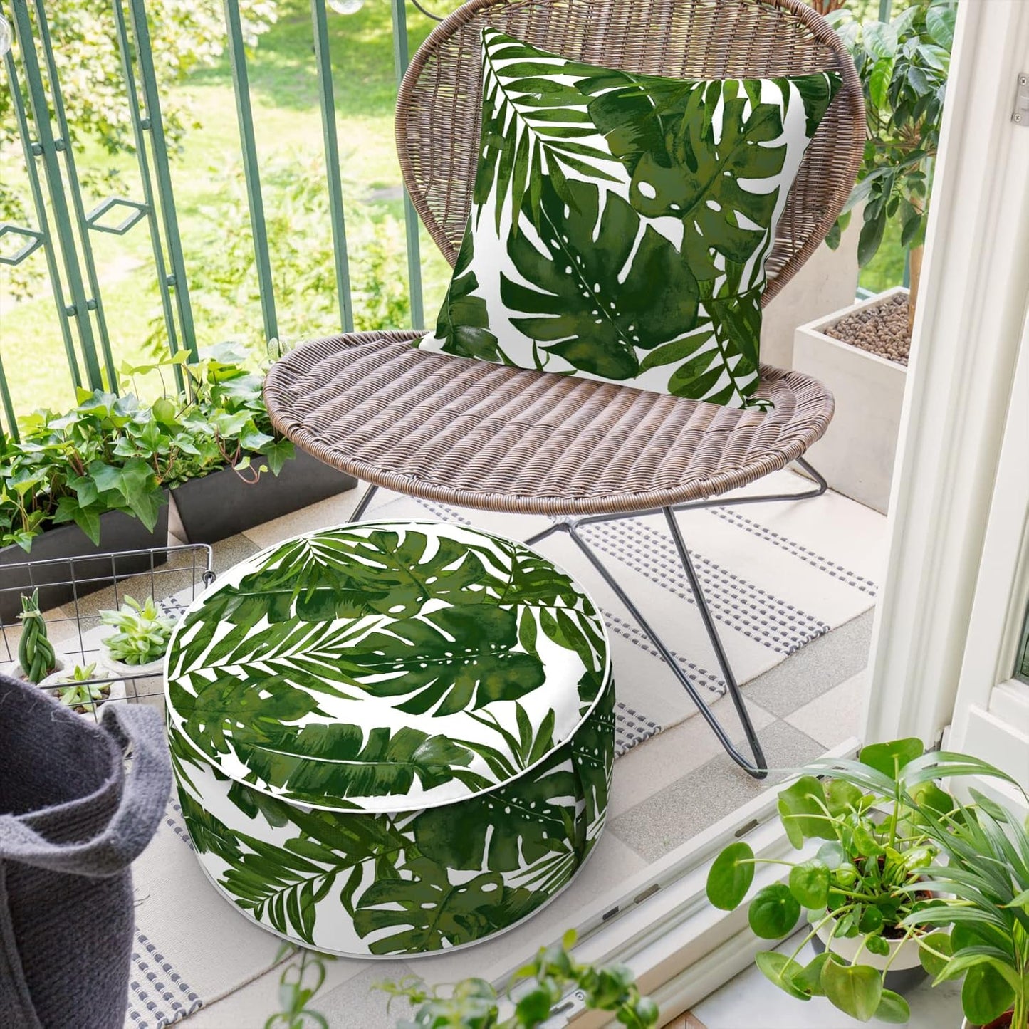 Inflatable Ottoman Stool D21 xH9 for Outdoor/Indoor Use, Water Repellent Patio Foot Rest Stool with Portable Handle,Round Pouf Ottoman Suitable for Garden,Deck and Camping - Palm Green