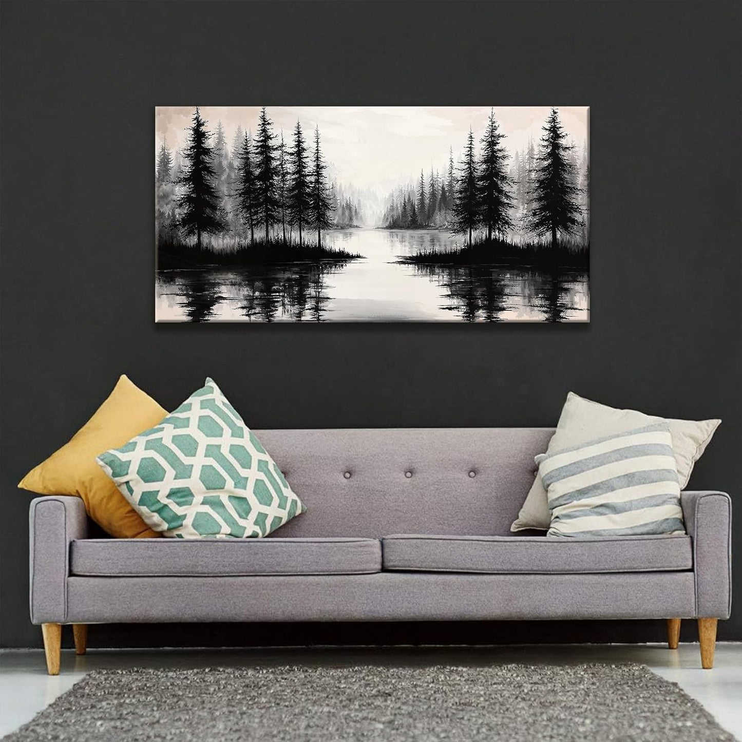 QSQ Black Wall Art For Living Room Canvas Art Wall Decor Print Modern Wall Art Forest River Landscape Painting Picture For Bedroom Office Apartment Hotel Home Wall Decoration 24 X 48 In