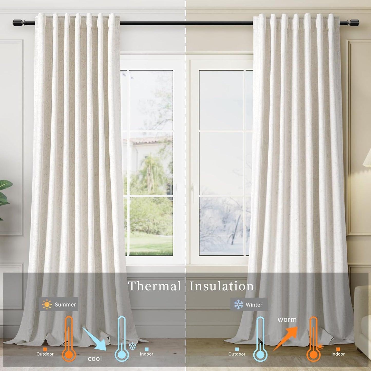 Natural Linen 100% Blackout Curtains for Bedroom 102 Inch Long 2 Panels Window Curtain Floor To Ceiling Length for Living Room Sliding Glass Door Back Tab Cream Linen Room Darkening Drapes 52x102