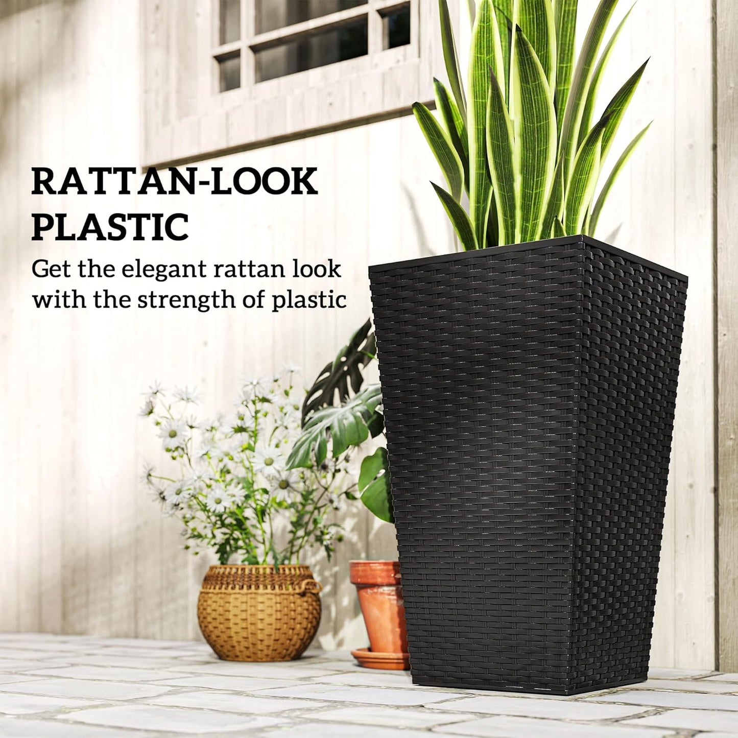 Outsunny Tall Planters for Outdoor Plants Set of 3, 24 in Taper Planters with Drainage Holes, Rattan Decor Plant Pots for Indoor Outdoor Front Porch Patio Backyard, Black
