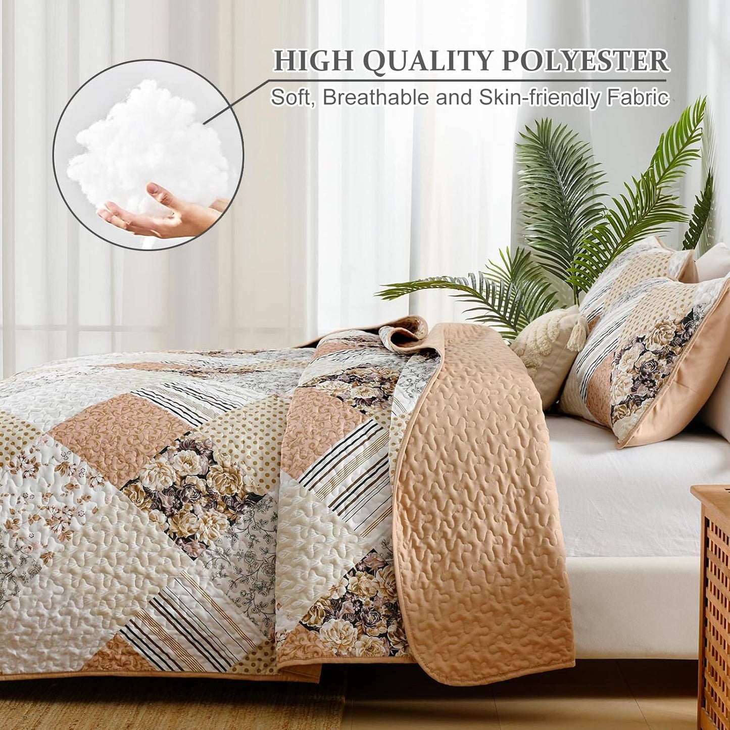 Dobuyly Fall Quilt Queen Size Set, Beige and Brown Floral Plaid Patchwork Bedspread Reversible Coverlet Set 3 Pieces, Soft Lightweight Microfiber Bedding Set for All Season, 96"x90"