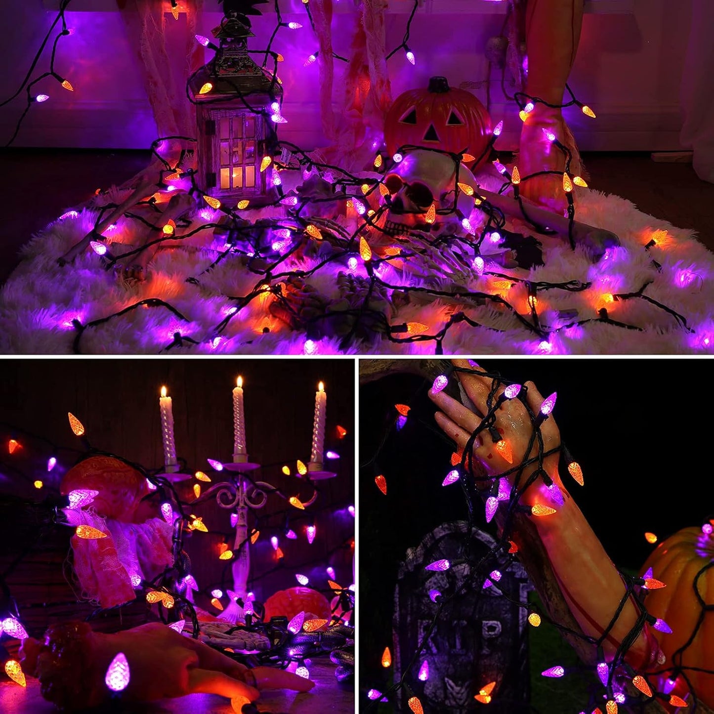 Brizled Purple & Orange Lights, 33ft 100 LED Faceted C5 Orange Halloween String Lights, 120V UL Certified Purple Light Set Connectable Halloween Light for Indoor Outdoor Tree Xmas Party Decoration