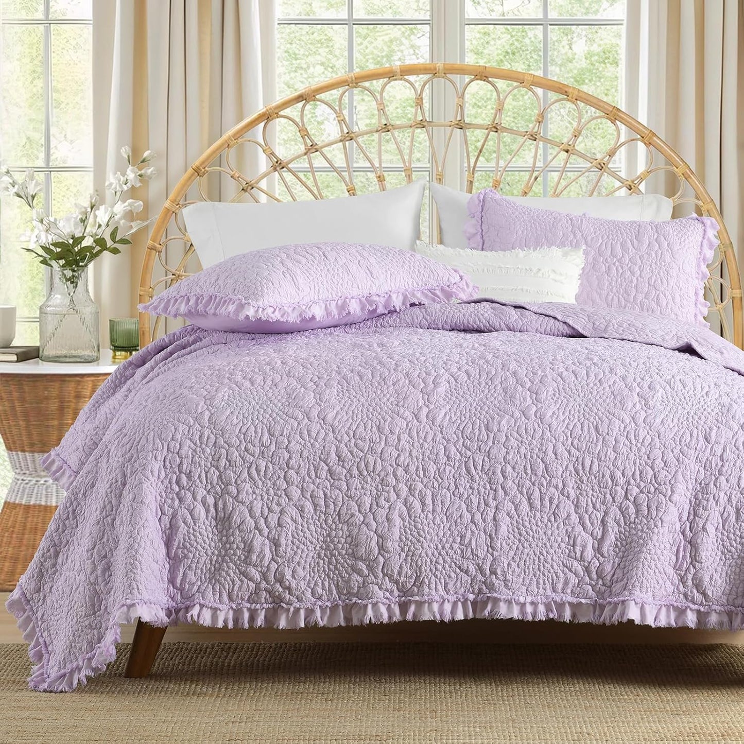 HORIMOTE HOME Lavender Ruffled Quilt King Size, Stone-Washed Microfiber Lightweight Crinkled Farmhouse Rustic Shabby Chic Bedding Set, 3 Pieces Reversible Bedspread with Pillow Shams for All Season