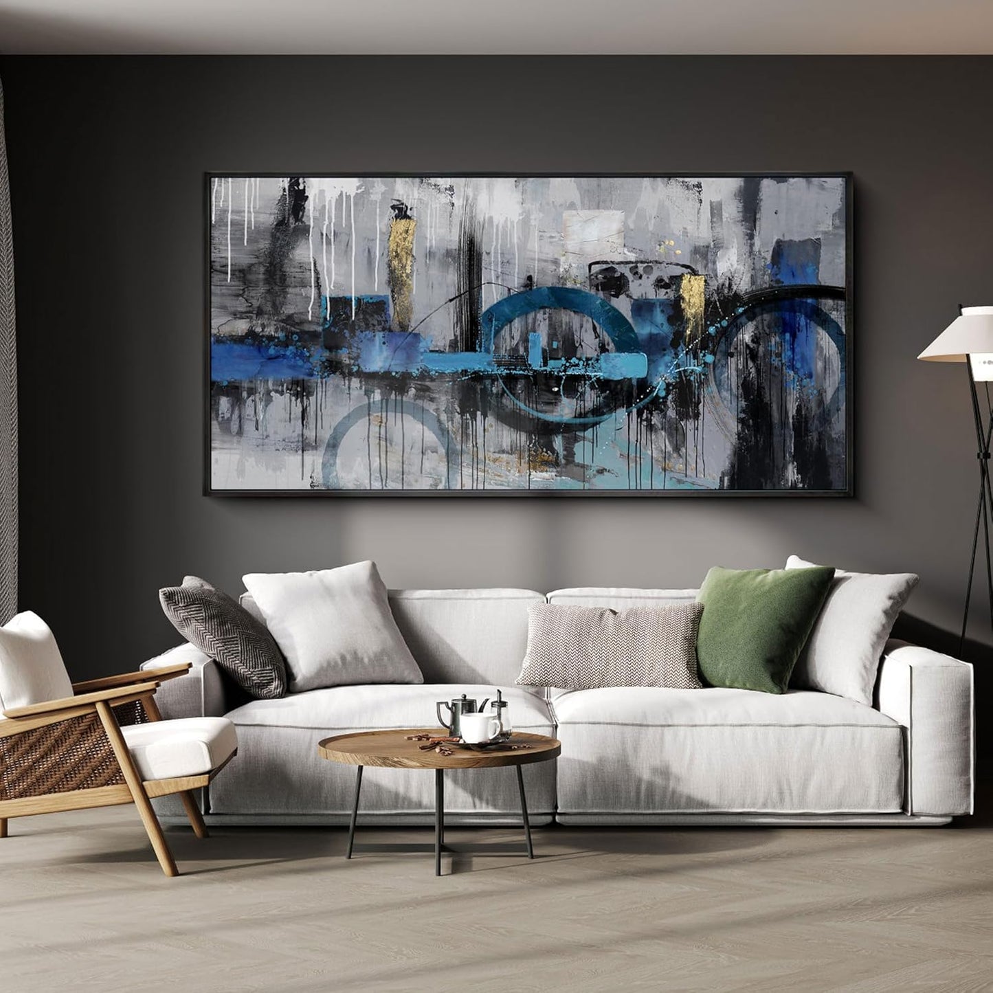 KLAKLA Large Abstract Wall Art Canvas - Blue and Gray Lnk Style Gold City Scenes Wall Decor Living Room Bedroom Decoration Black Frame Picture Artwork for Wall Modern Landscape Wall Decor