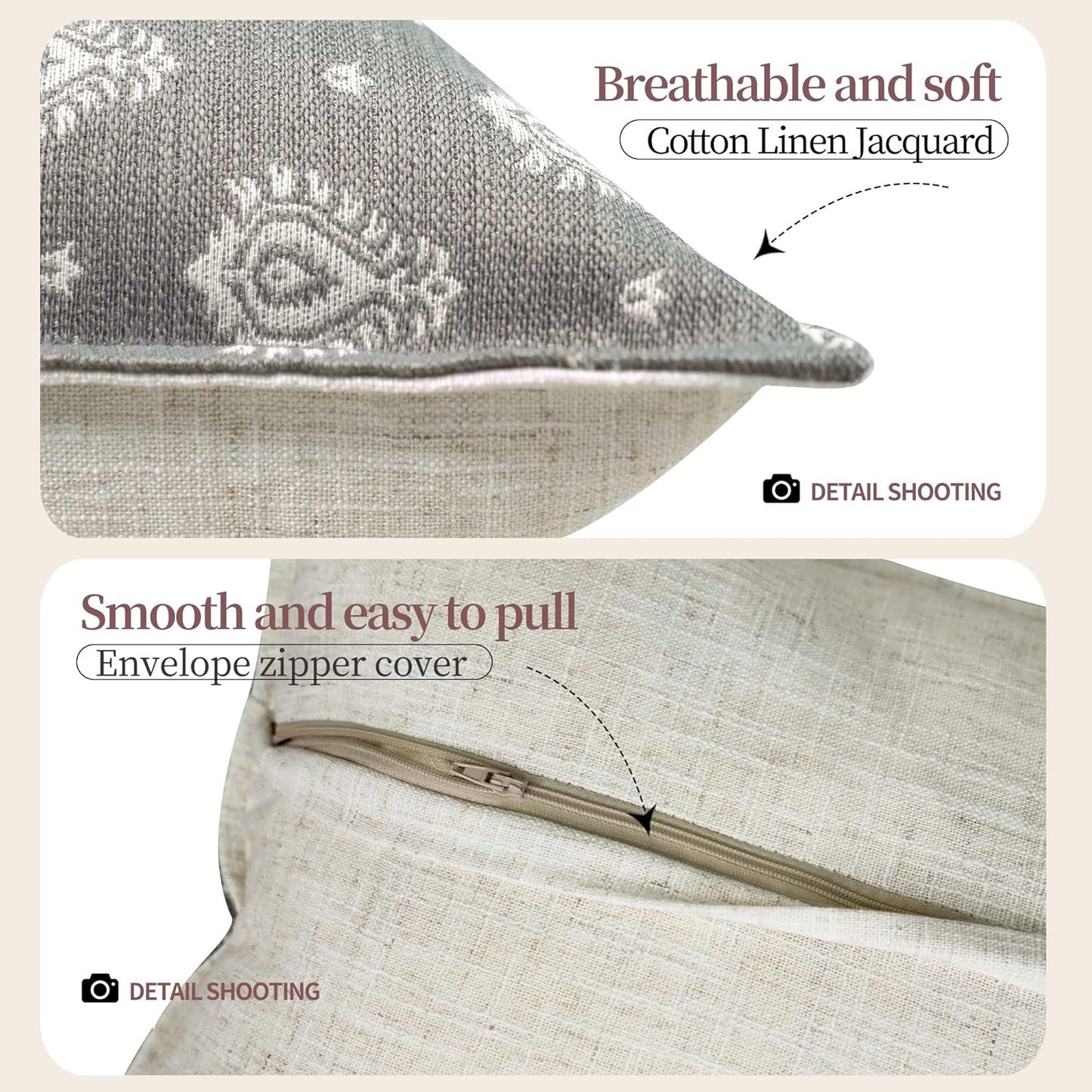 Floral Throw Pillow Covers 18x18 Set of 2, Dark Grey Decorative Pillow Covers Neutral Faux Linen Cotton Blend, Vintage Look for Couch, Sofa, Bed, Living Room