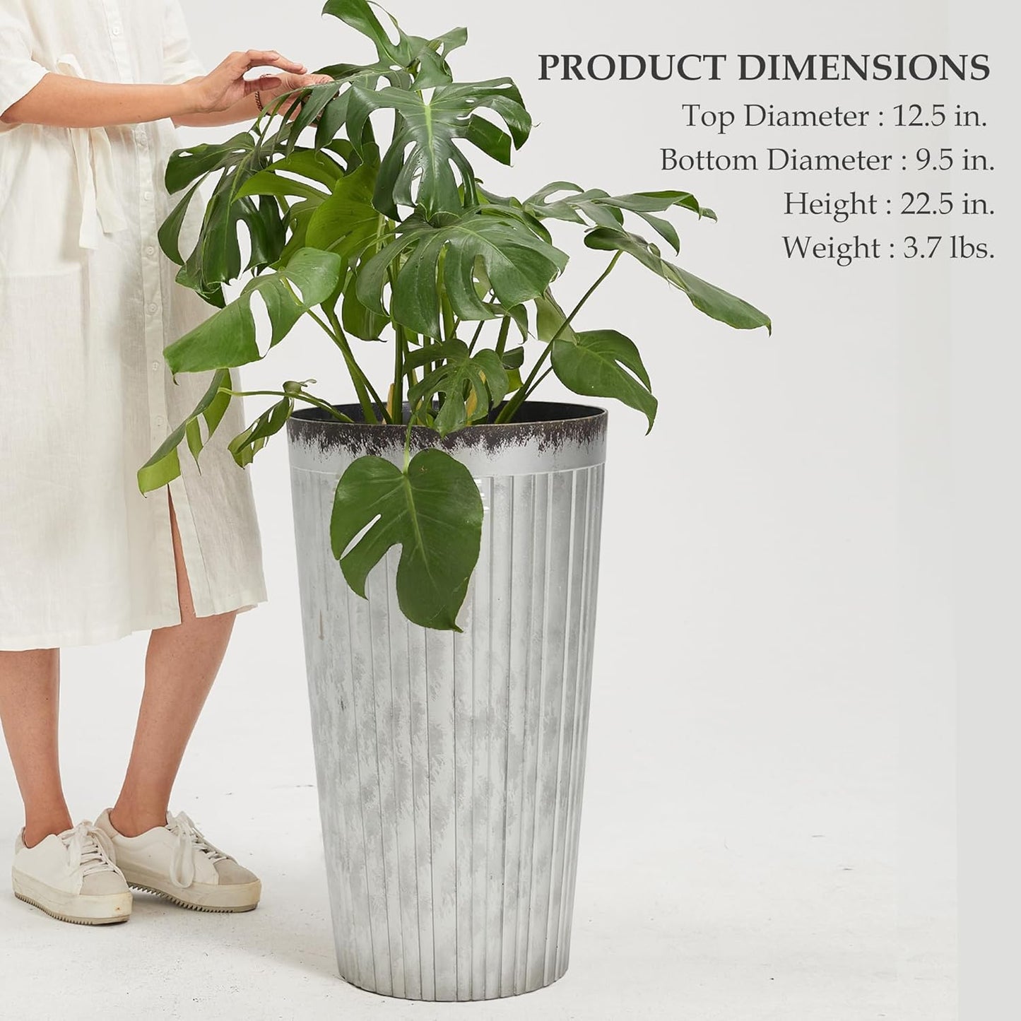Worth Garden 22.5" H. Plastic Planters - Set of 2 Silver Color Tall Conical Plant Pots for Indoor Outdoor Use - Decorative Lightweight Flower Pots for Front Porch, Patio, Deck - 12.5" Dia x 22.5" H