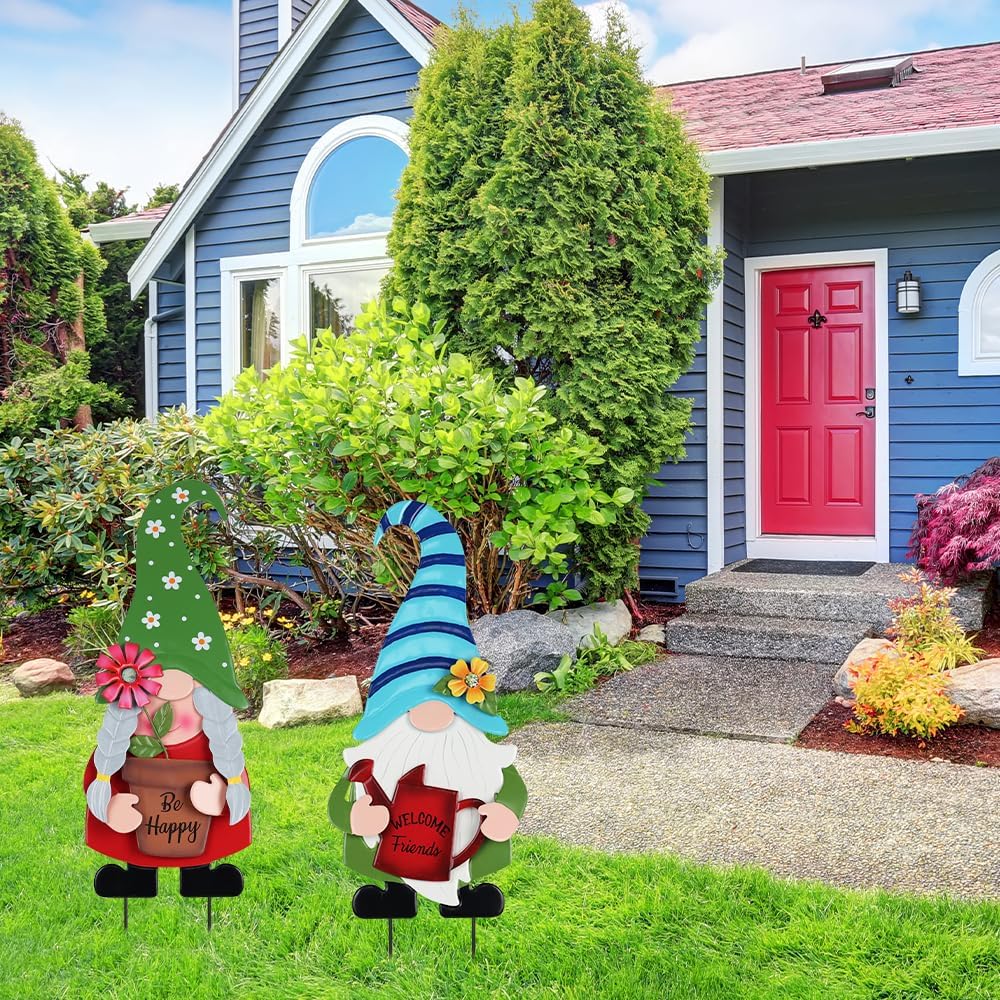 YEAHOME Garden Decor for Outside, Set of 2 Metal Gnomes 27.6” Decorative Garden Stakes with Flowers for Spring Decor, Yard Art Stakes for Outdoor Lawn Backyard Porch Garden Decorations