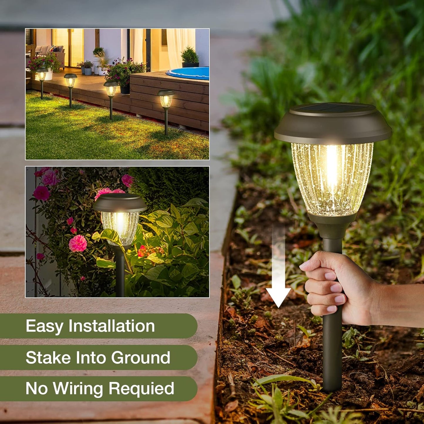 XMCOSY+ Solar Lights Outdoor 10/25 LM LED with 2 Lighting Modes, Solar Garden Lights Glass and Metal, IP65 Waterproof Solar Powered for Yard Pathway Walkway Driveway Patio (6 Pack, Warm White)
