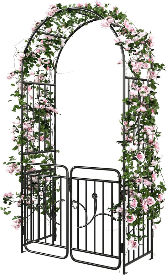 YITAHOME Metal Garden Arbor with Gate, Garden Arch for Climbing Plants Outdoor, Wedding Arches for Ceremony, Black Garden Archway for Backyard, Lawn and Patio