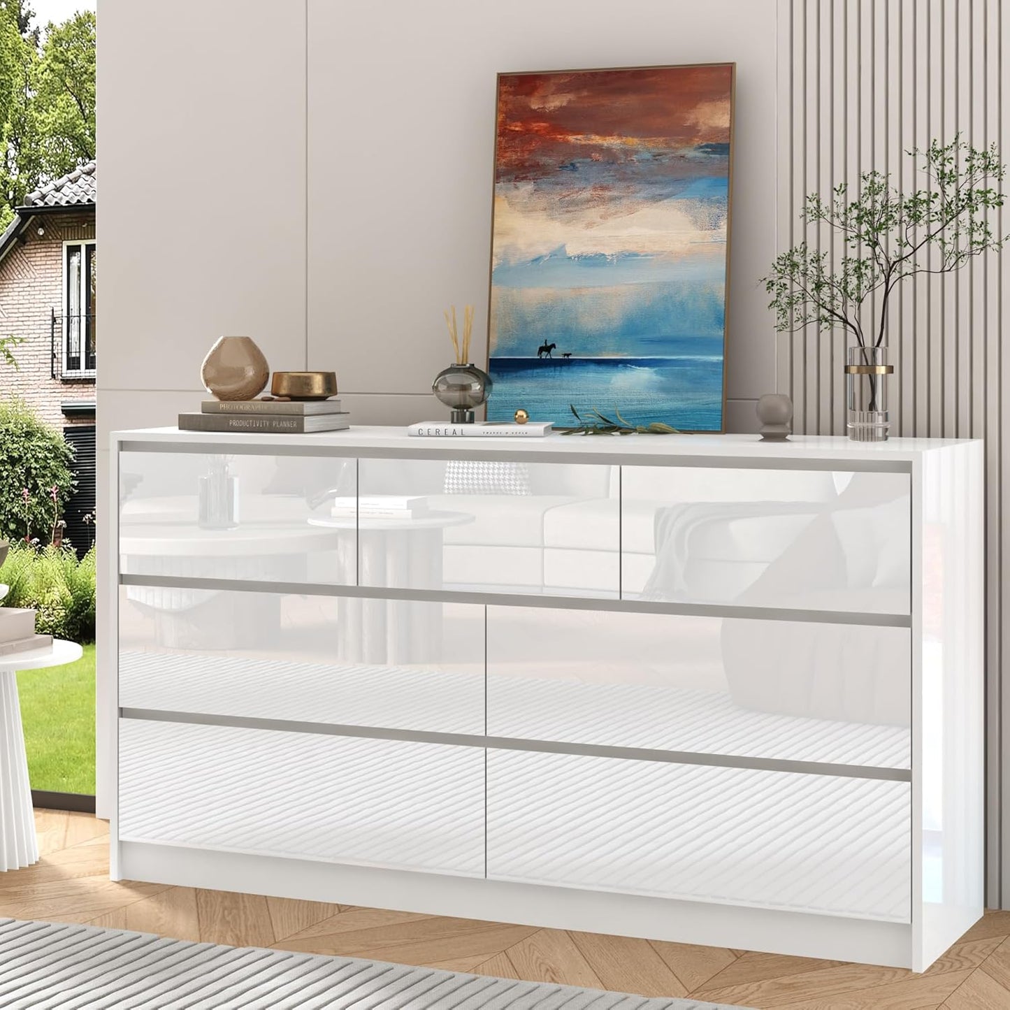 White Malm Dresser for Bedroom, 55 Inch Full High Gloss Dresser with 7 Drawers, Modern Large Wood Chest of Drawer Handle Free, Living Room, Entryway, Hallway, White