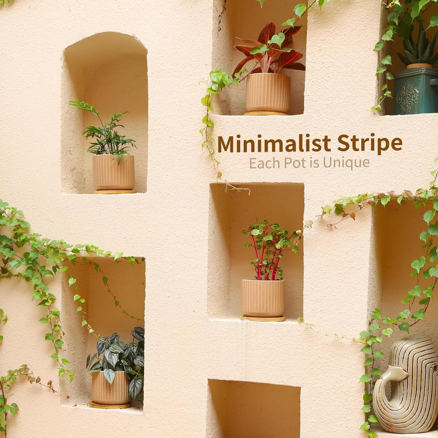 TAMAYKIM 5.25 Inch Ceramic Plant Pots with Drainage Holes and Saucers, Modern Flower Pots with Trays for Indoor Planters, Snake Plant, Succulent, Cactus and Herbs, Red, Set of 4