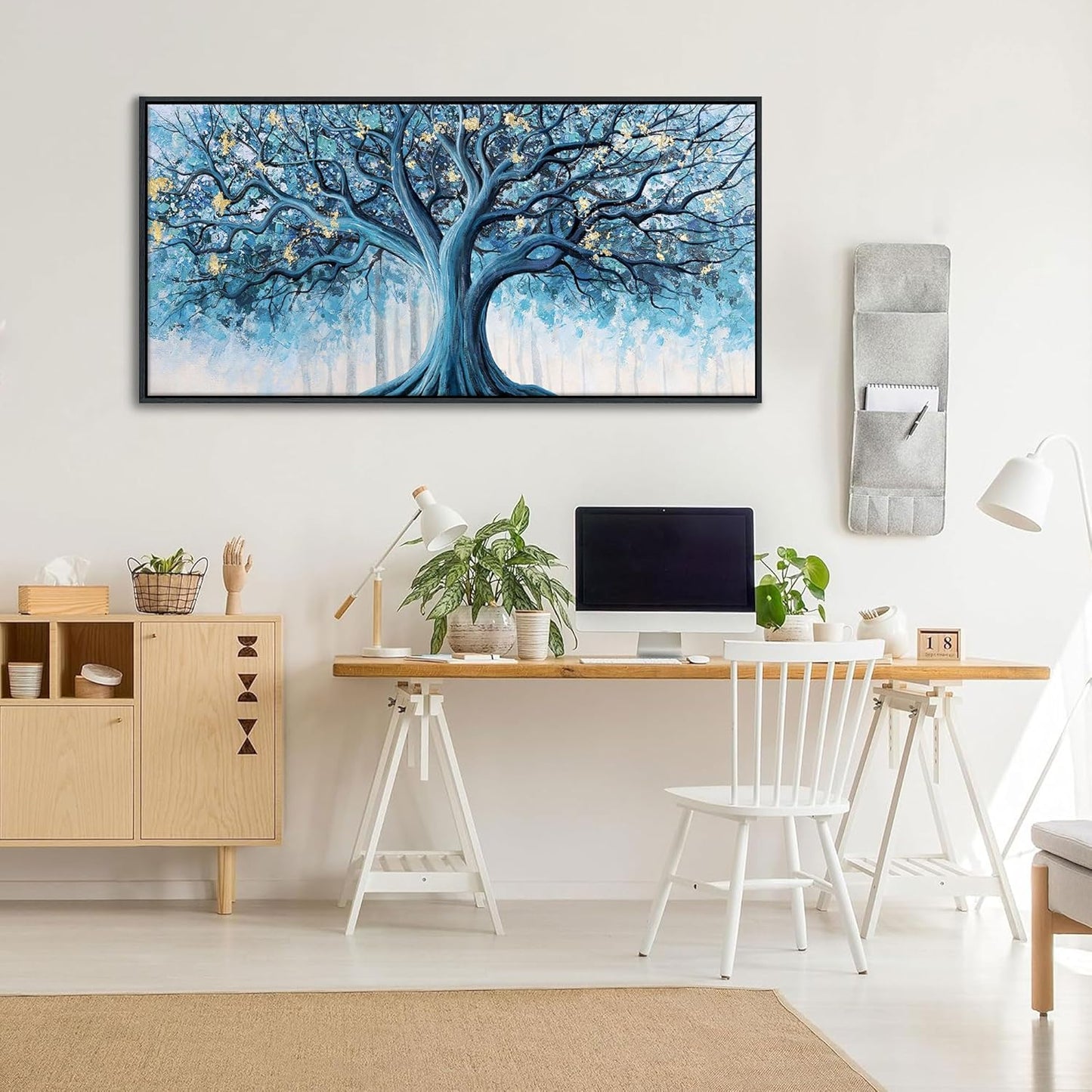 Navy Blue Canvas Wall Art - Blue and Gold Nature Wall Decor, Tree of Life for Bedroom Wall Art, Large Pictures for Living Room, Office, or Bedroom, Framed Landscape Artwork 20×40IN