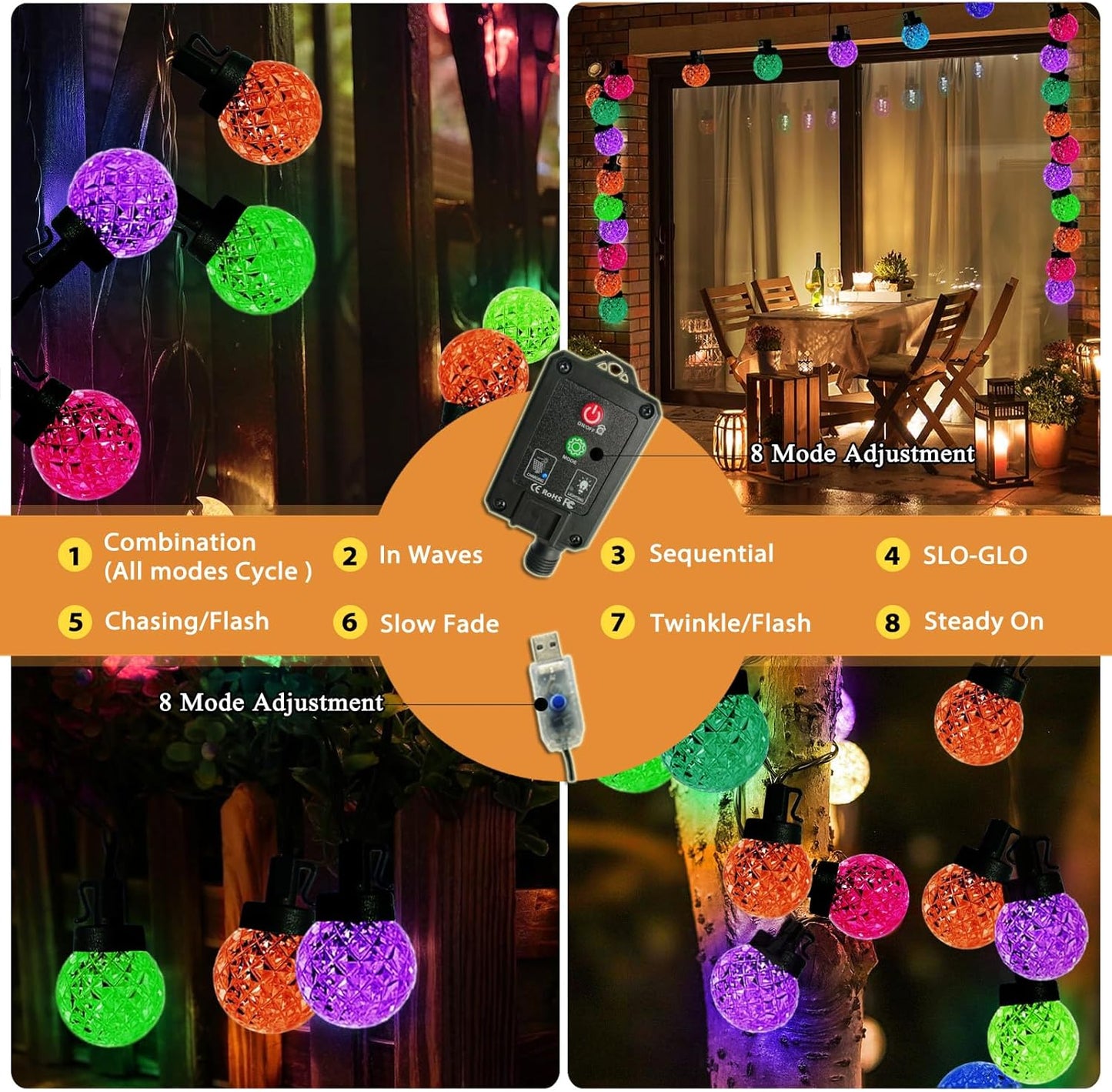Solar LED String Lights for Outside,39.4FT 8Modes Crystal Globe Fairy String Lights Waterproof USB Plug for Garden Patio Christmas Tree Fence Indoor&Outdoor Party Decor(Pineapple Multicolor)