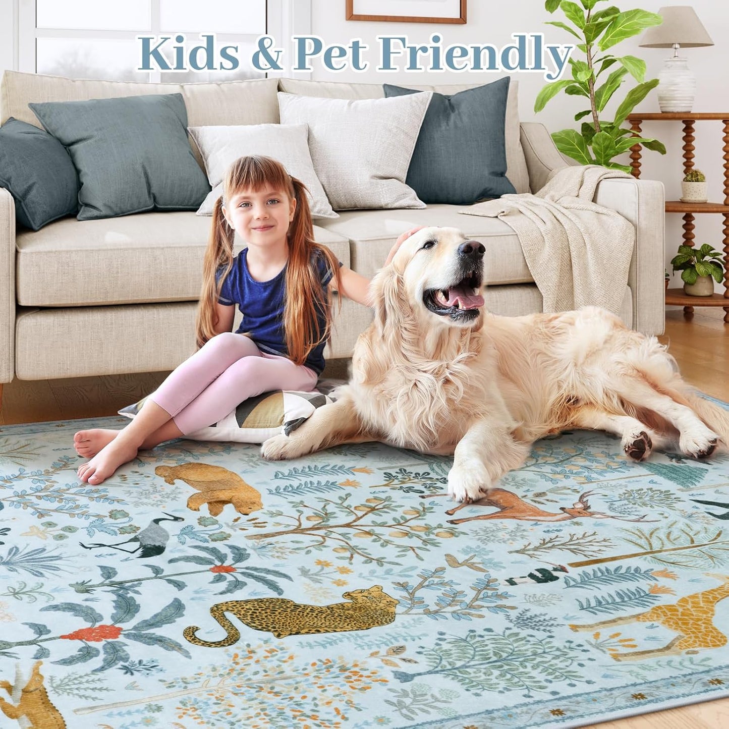 OJIA Animal Area Rugs 8x10, Soft 8x10 Washable Rugs for Living Room Bedroom, Non-Slip Boho Ultra-Thin Dining Room Rug Large Throw Carpet for Farmhouse Playroom Office, Light Blue