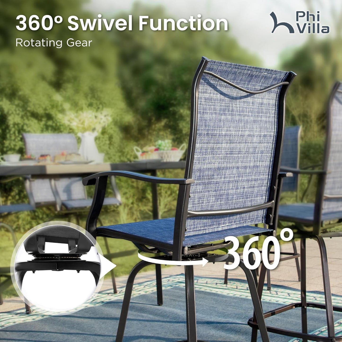 PHI VILLA 3 Piece Outdoor Bar Set, High Top Patio Bistro Table and Bar Chairs with Blue Textilene Fabric & Rustproof Metal Frame for Backyard, Balcony, Garden & Poolside