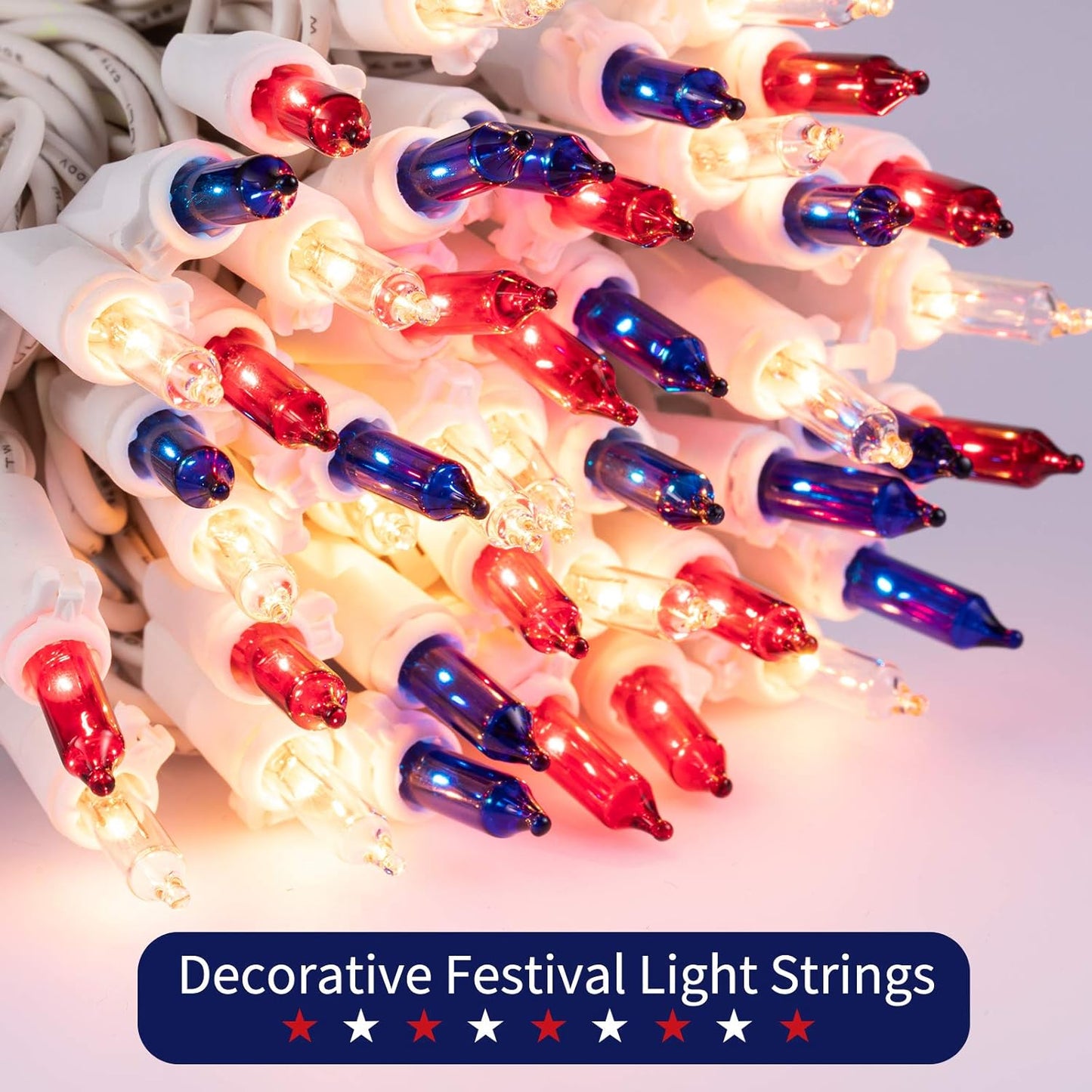 4th of July Decoration Patriotic Mini Lights - 200 Count 50 Feet Red White Blue Incandescent Bulb Waterproof String Lights Plug in for Indoor Outdoor Christmas Party Patio Independence Day Decoration
