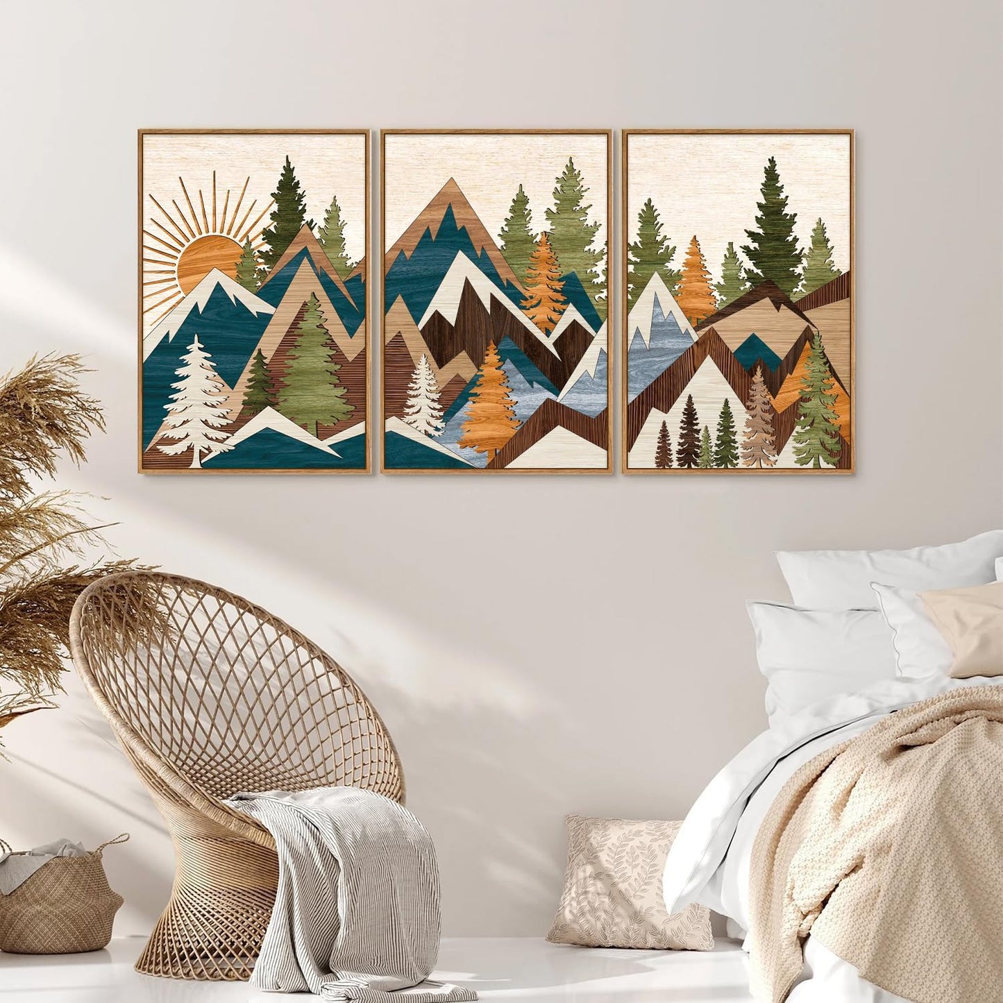 Tinonedraw Large Metal Mountain Framed Canvas Wall Art, Boho Rustic Sunrise Forest Wall Decor, 3 Piece Modern Nature Artwork, Vintage Wilderness Art Print for Living Room Bedroom Office 24"x36"x3