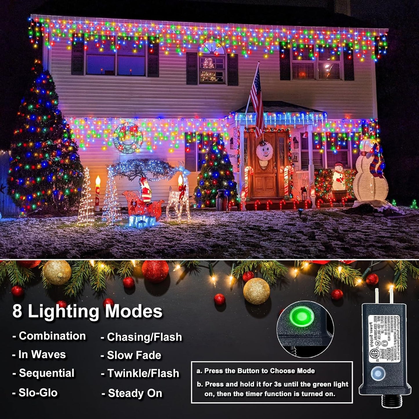 Icicle Lights for Outside, 33FT 400 LED Icicle Christmas Lights Outdoor Indoor with 8 Modes 75 Drops, Waterproof Connectable Twinkle String Light for Eaves Patio Garden Wedding Party Decor, Multicolor