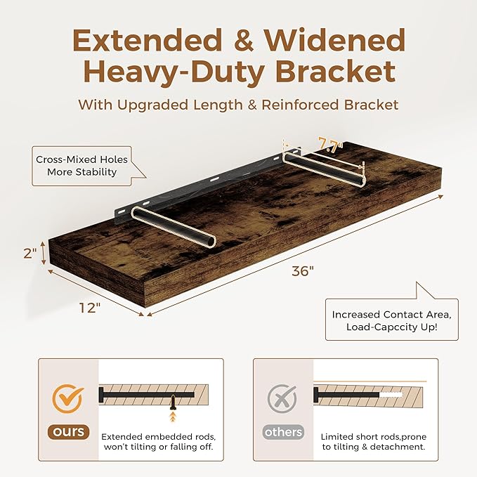 Floating Shelves 36 Inch Long, 12 Inch Deep Floating Shelves for Wall, 36 x 12 Shelves for Wall Storage & Display, 2" Thick Floating Shelf for Bathroom, Living Room, Rustic Brown Color, Set of 1