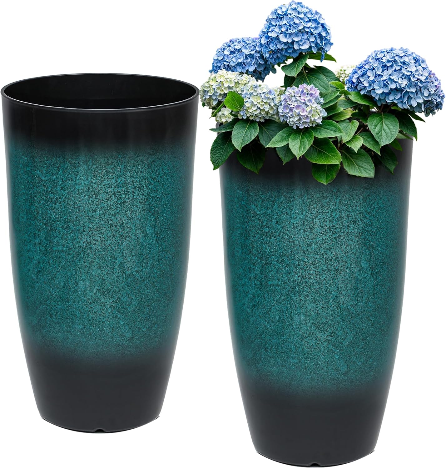 Tall Outdoor Planters, Set of 2 Large Flower Pots for Outdoor Plants, with Gradient Turquoise Finish, Weather-Resistant for Porch, Garden, Patio