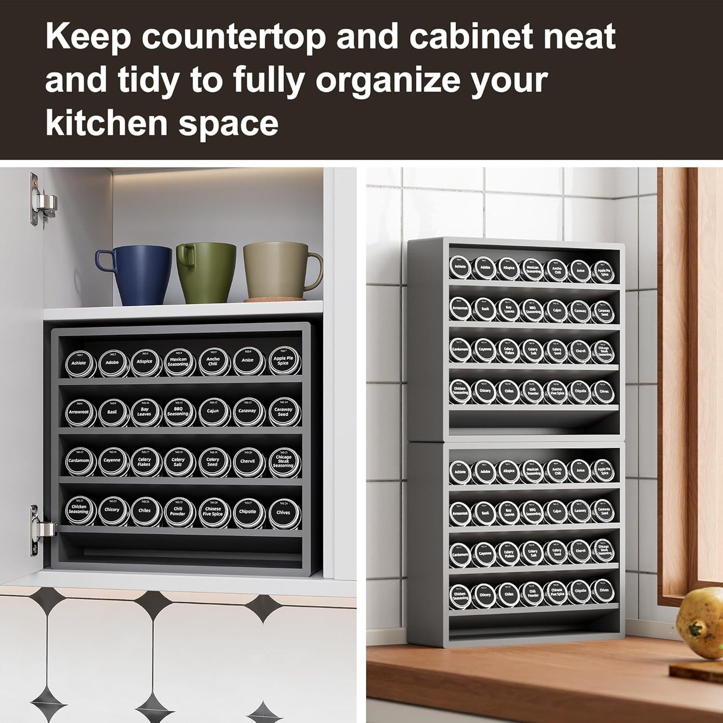 Orimade 4 Tier Spice Rack Organizer for Cabinet, Freestanding Bamboo Seasoning Rack for Countertop, Cupboard, Pantry, Kitchen, 13.18 x 4.13 x 12.2 inches(Spice Jars Not Included), Grey