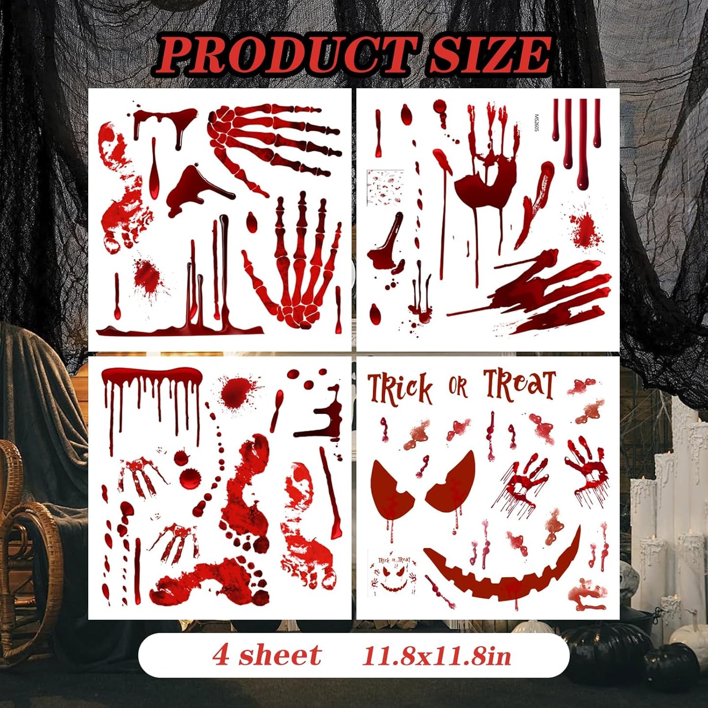 Scary Halloween Decorations Bloody Handprint Footprint Stickers Clings Decals Window Bathroom Floor Restroom，Horror Party Decor Halloween Indoor/Outdoor Decoration
