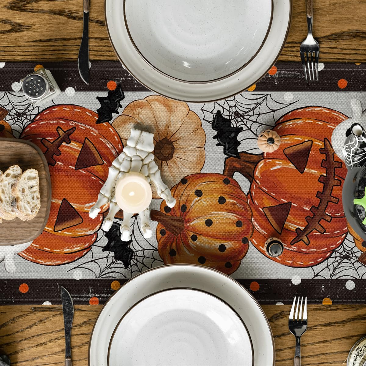 Artoid Mode Jack-O'-Lantern Pumpkin Ghost Spider Web Halloween Table Runner,Holiday Kitchen Dining Table Decoration for Home Party Decor 13 x 120 Inch