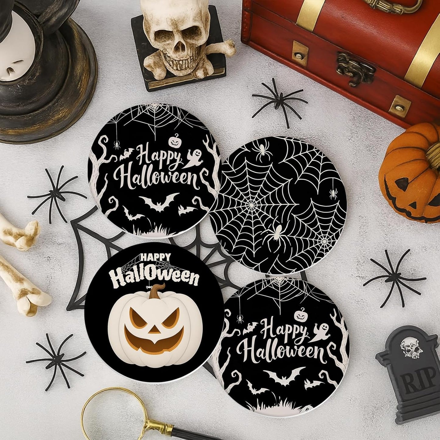 Coaster for Drinks Set of 6, Happy Halloween Pumpkin Spider Web Black Absorbent Round Ceramic Stone Mat, with Cork Base and Metal Holder, Gift for Housewarming Room Bar Decor