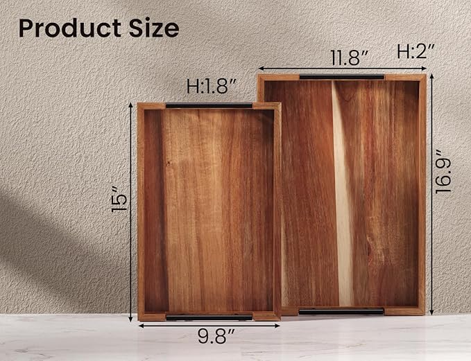 Acacia Wood Set of 2 Serving Tray with Metal Handles,Ottoman Decorative Trays Platter for Coffee Table,Living Room,Bar,Party