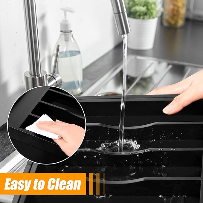 Bellsal Large Premium Bamboo Silverware Organizer - Expandable Utensil Drawer Organizer - 17"x19.6" Utensil Holder and Cutlery Tray with Grooved for Kitchen Flatware and Utensils(7-9 Slot, Black)