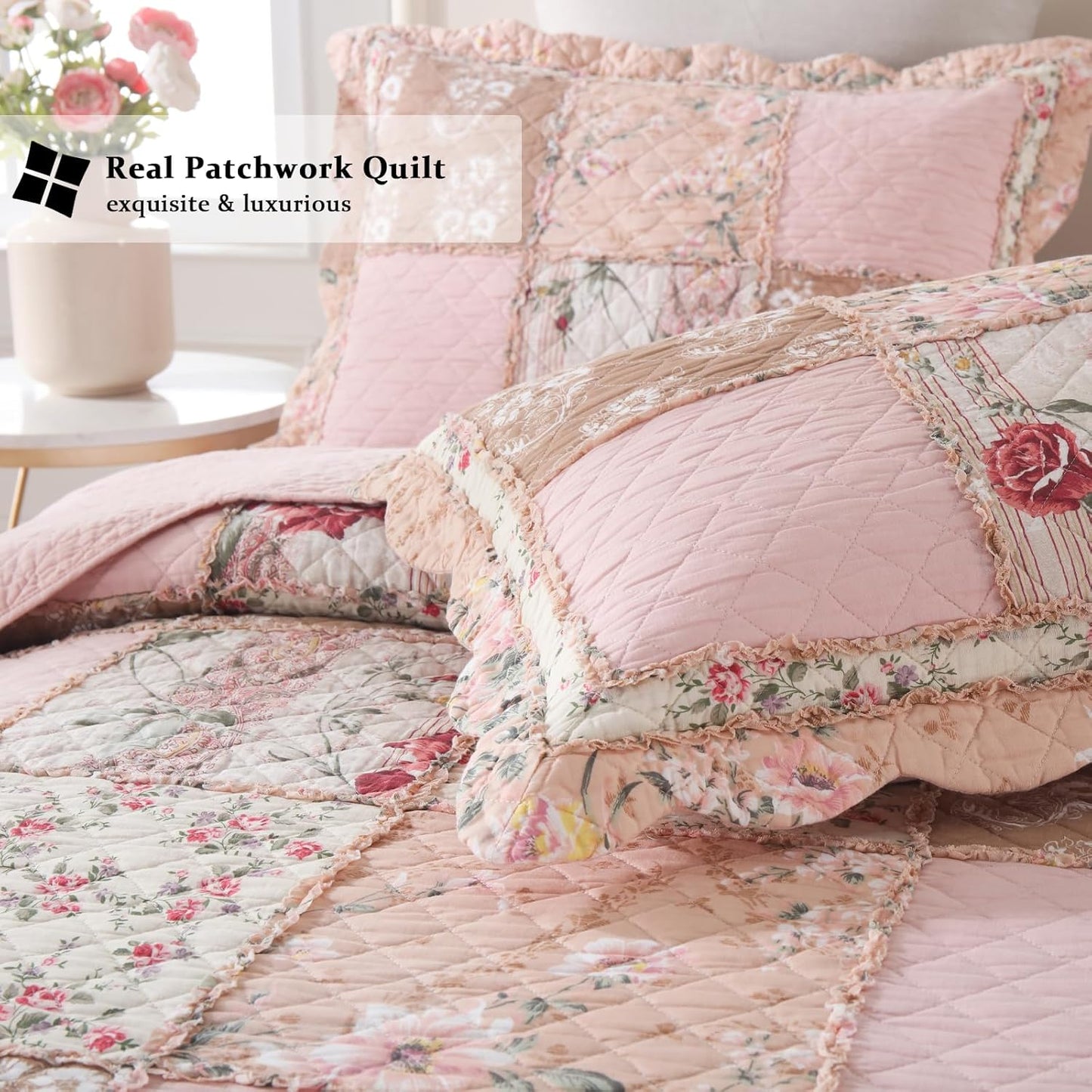Yvooxny Quilts Queen Size Patchwork Pink Floral Quilt Set Vintage Shabby Chic Botanical Floral Quilted Bedspread 3-Piece Quilt Set with Ruffle for All Seasons, Queen Size, 98 * 90 Inches