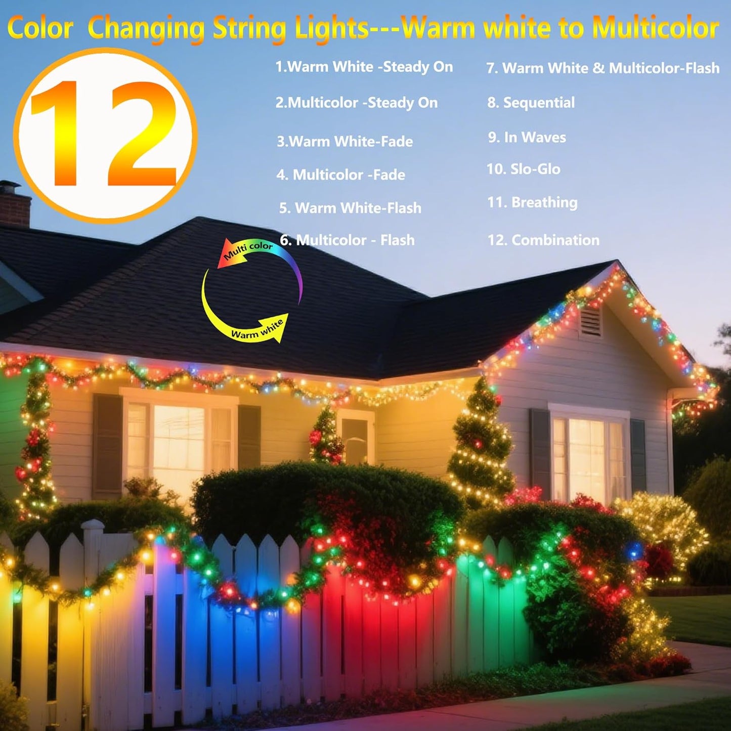 Joomer Color Changing Christmas Lights, 2 Pack Total 144FT 400 LED 12 Modes Solar String Lights Waterproof Twinkle Fairy Lights for Garden Yard Patio Christmas Decoration (Warm White to Multicolor)