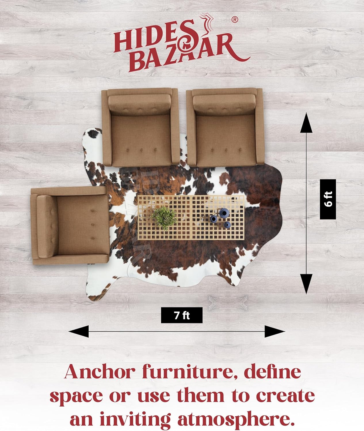 Tricolor Cowhide Rug Classic Brown, Black and White Color Mix, Natural Leather Hide, Area Rug (6x7ft)