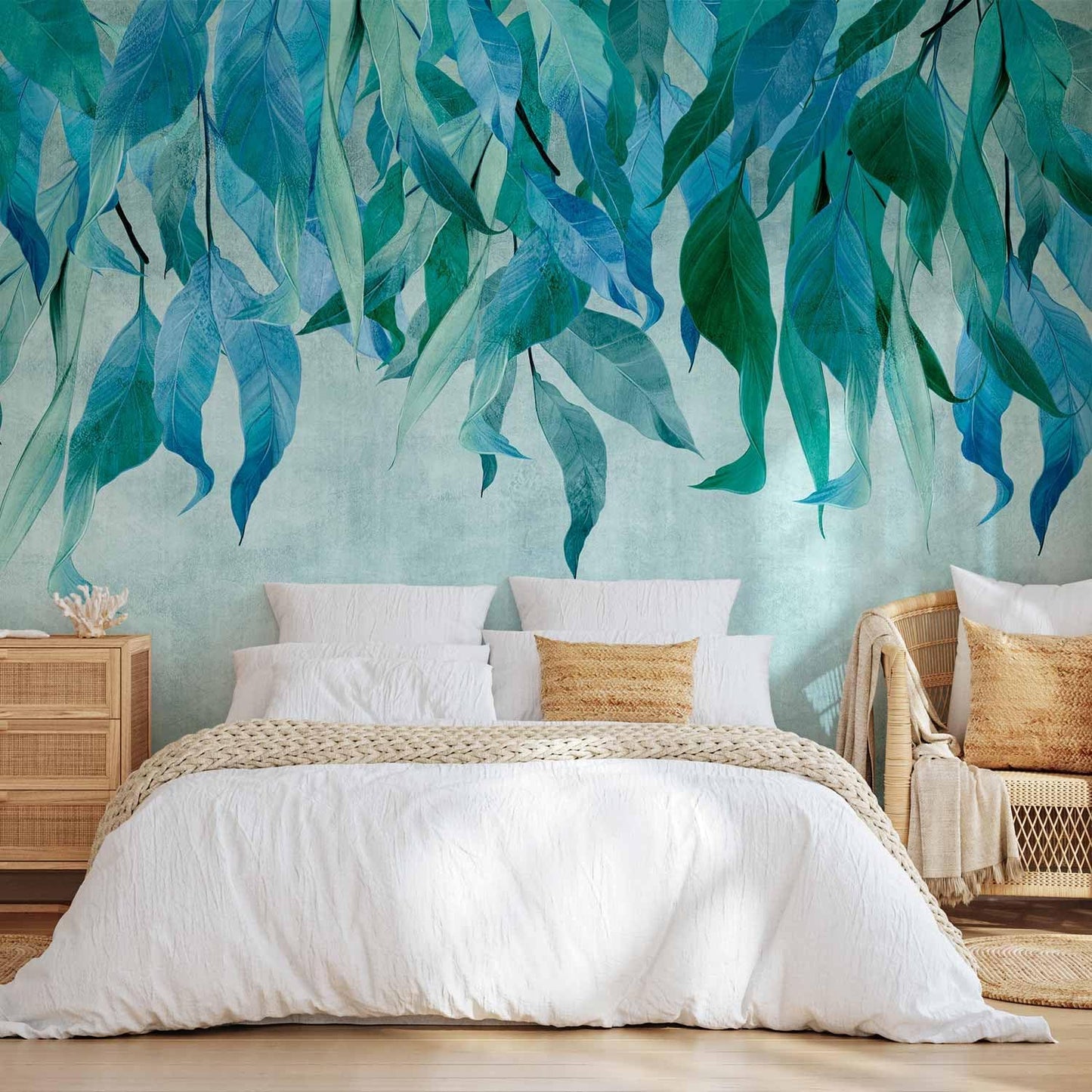 artgeist Wall Mural Hanging Leaves 96x69 in - Peel and Stick Self-Adhesive Wallpaper Removable Large Sticker Foil Wall Decor Print Picture Image Design Nature Botanical Concrete Green b-C-10146-a-b
